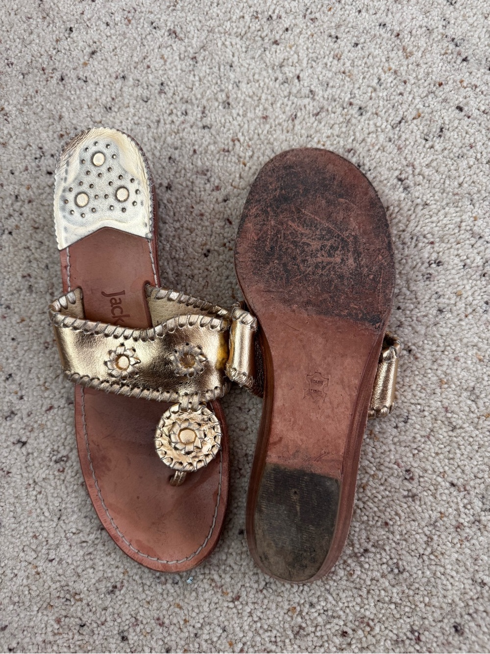 Jack Rogers Metallic Gold Leather Thong Sandals Wedge - Picture 2 of 3